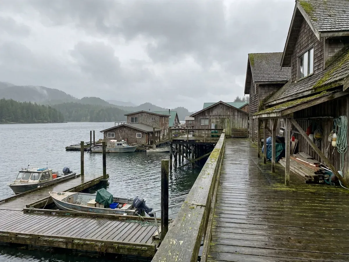 The Cowichan Bay waterfront with buildings and floating homes on pilings over the water, timber walkways damp with sea air