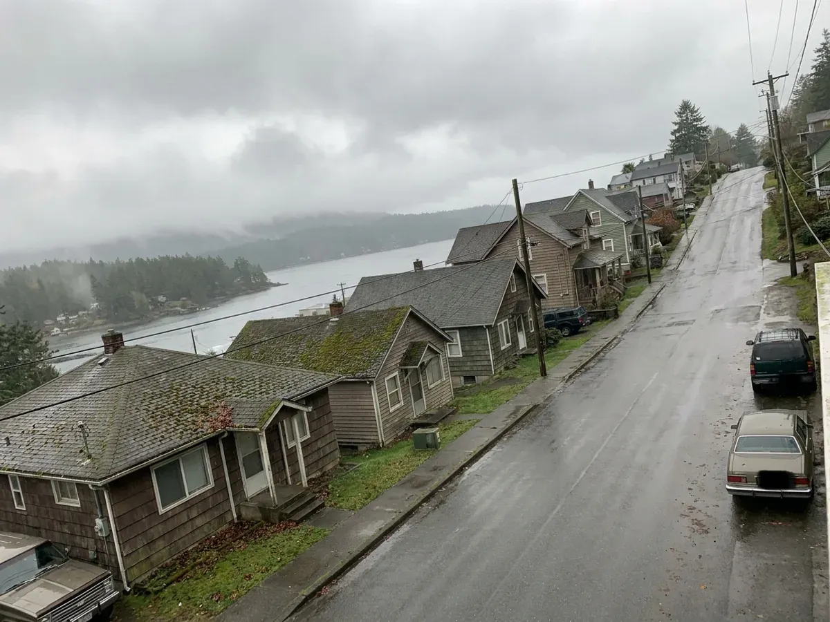 Modest older houses on the grid of streets rising above the Crofton waterfront at Osborne Bay