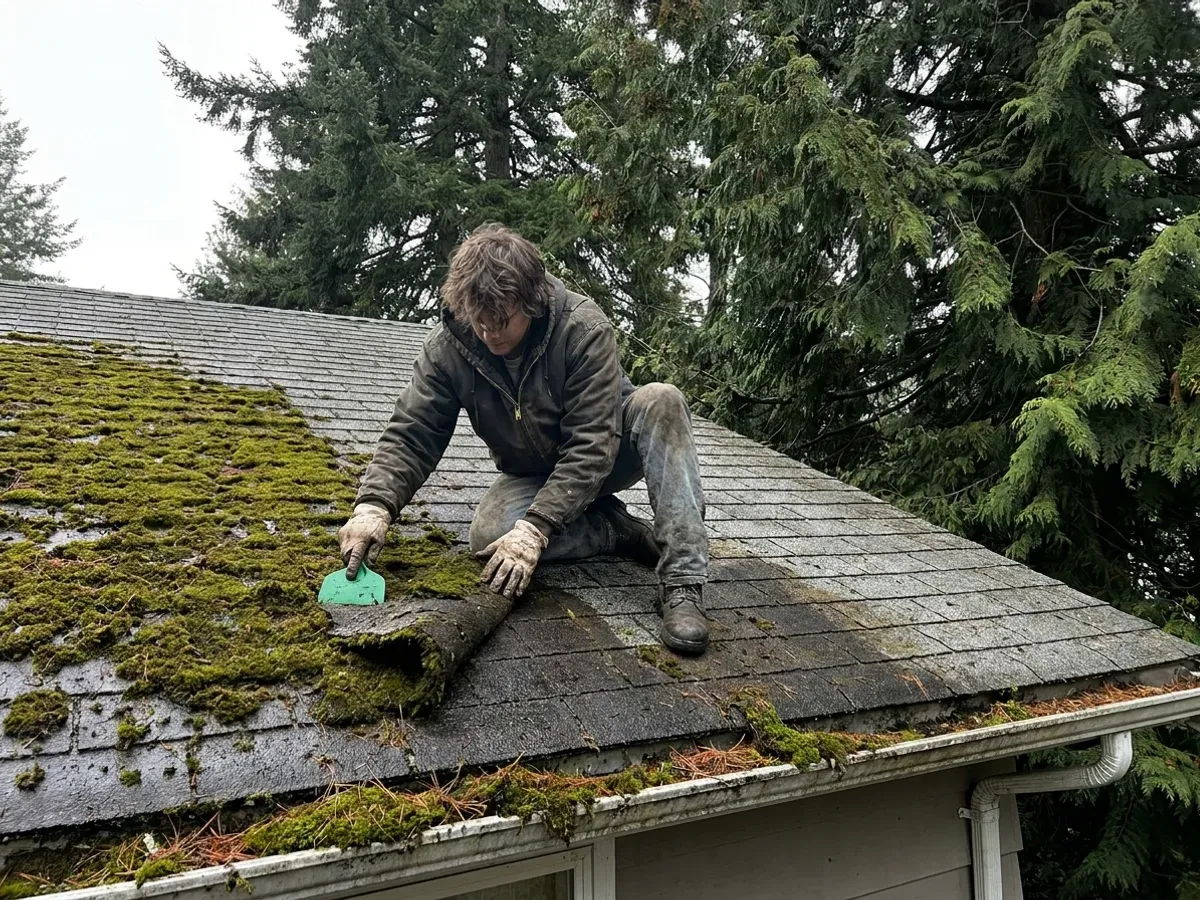 A moss-covered asphalt shingle roof being cleared by hand on a Cowichan Valley home