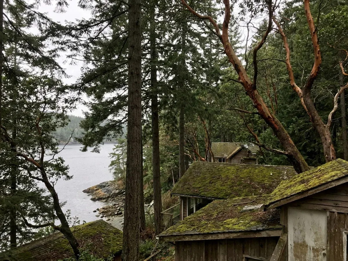 Homes tucked under Douglas fir and arbutus on the steep wooded slope above the sheltered water of Maple Bay