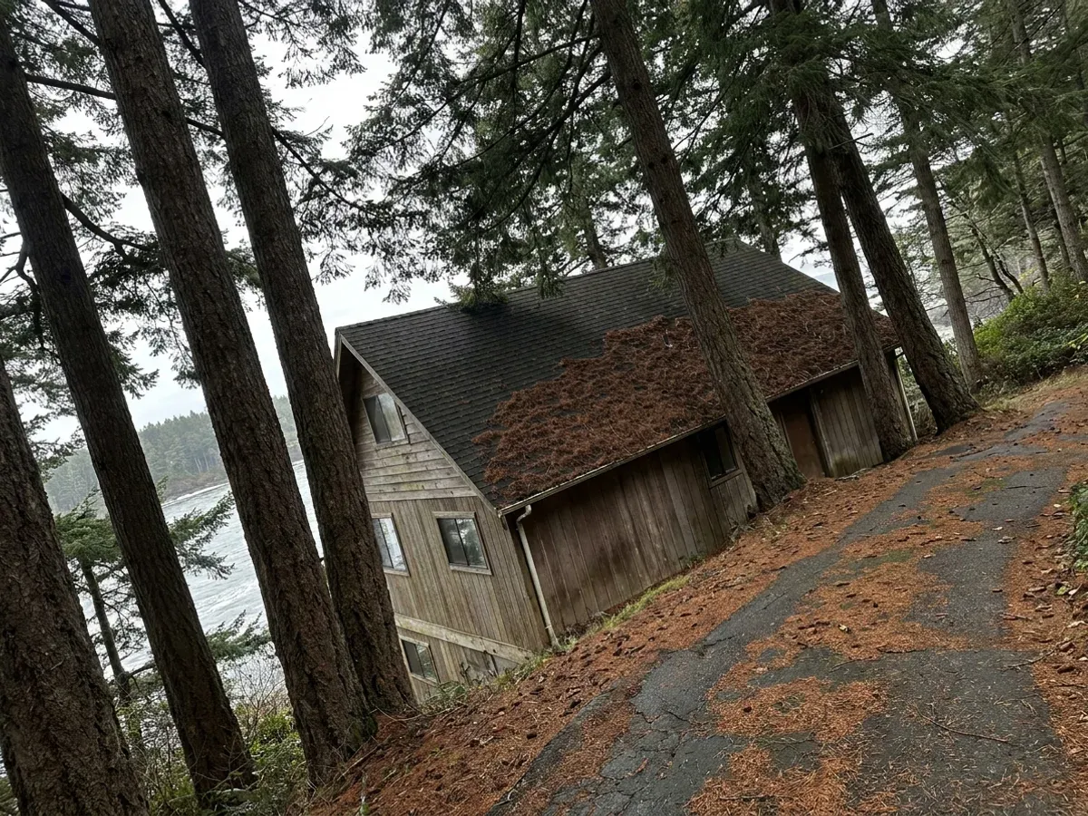 A Mill Bay home on a sloping treed lot, its shingle roof shaded by tall second-growth Douglas fir above the Saanich Inlet