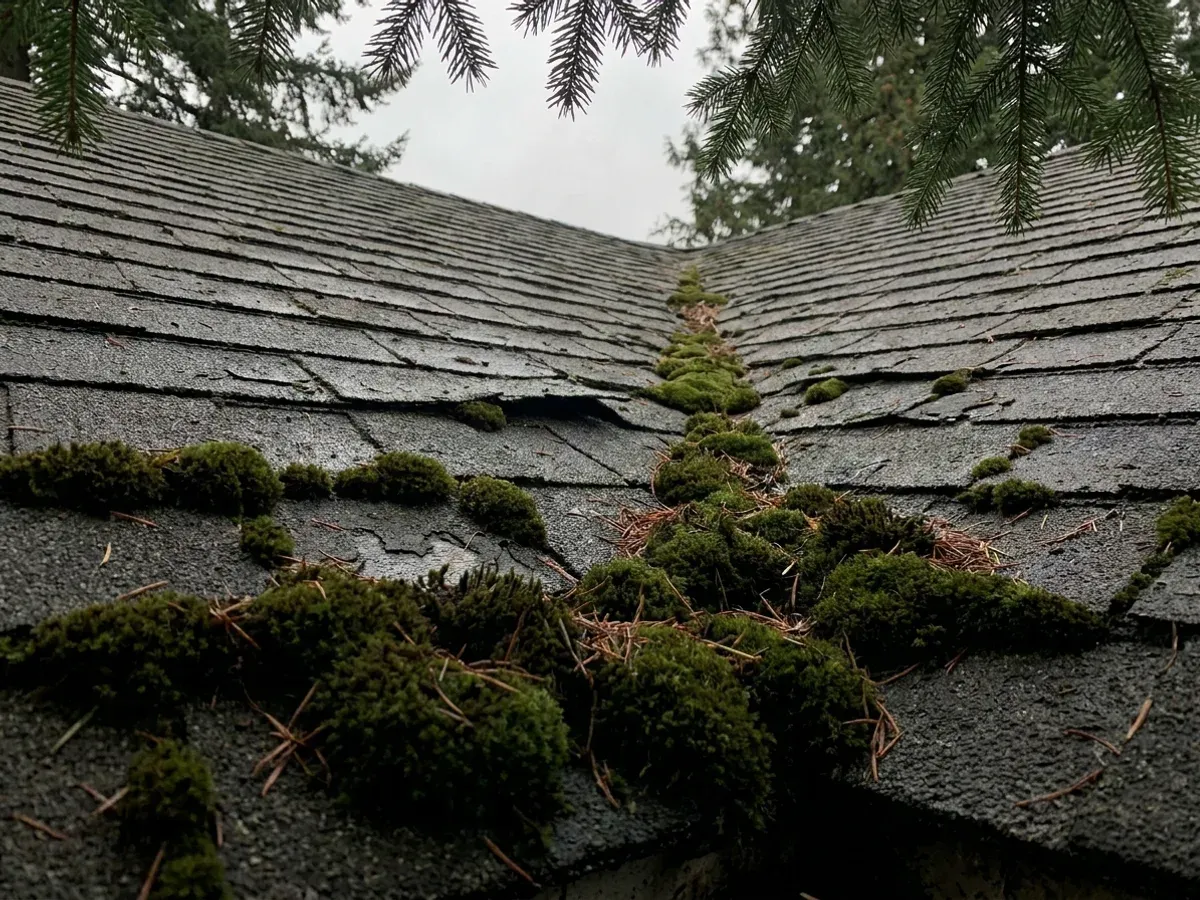 Thick moss growth along the lower shingle courses and valley of a north-facing asphalt roof in the Cowichan Valley