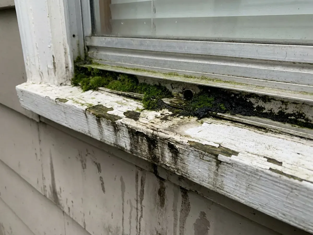 Moss packed into the exterior sill channel and weep hole of a shaded window frame on a Vancouver Island home